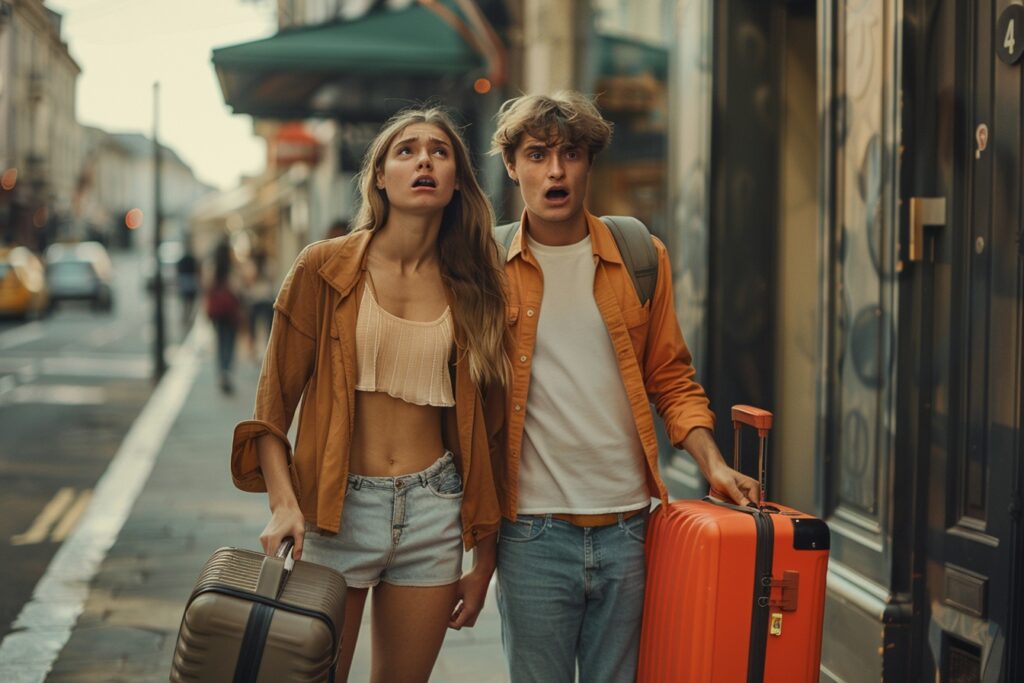 all images a young couple frustrated expressions carrying suitcases standing in front of a locked apartment door