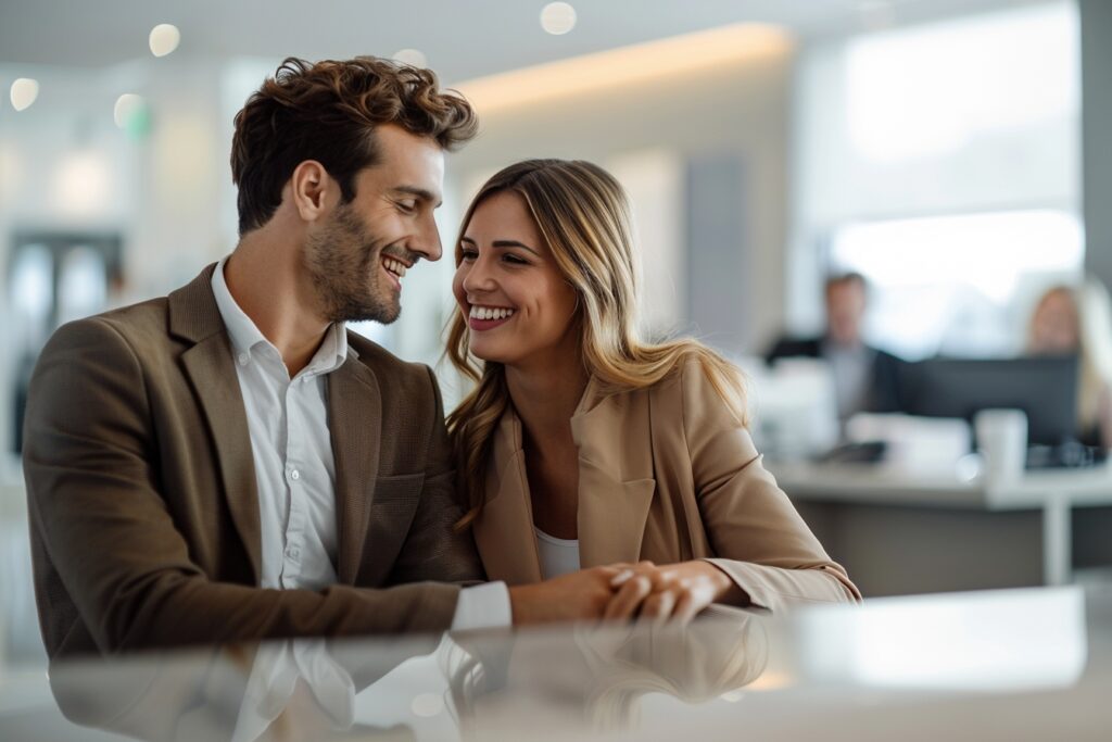 all images a young couple smiling and holding hands sitting in a bankers office 1