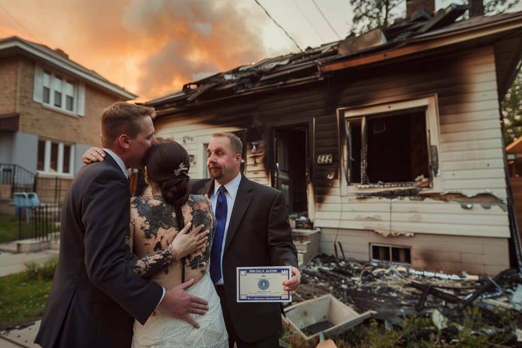 all images a couple embracing in front of a partially burned house expressing relief and gratitude 2