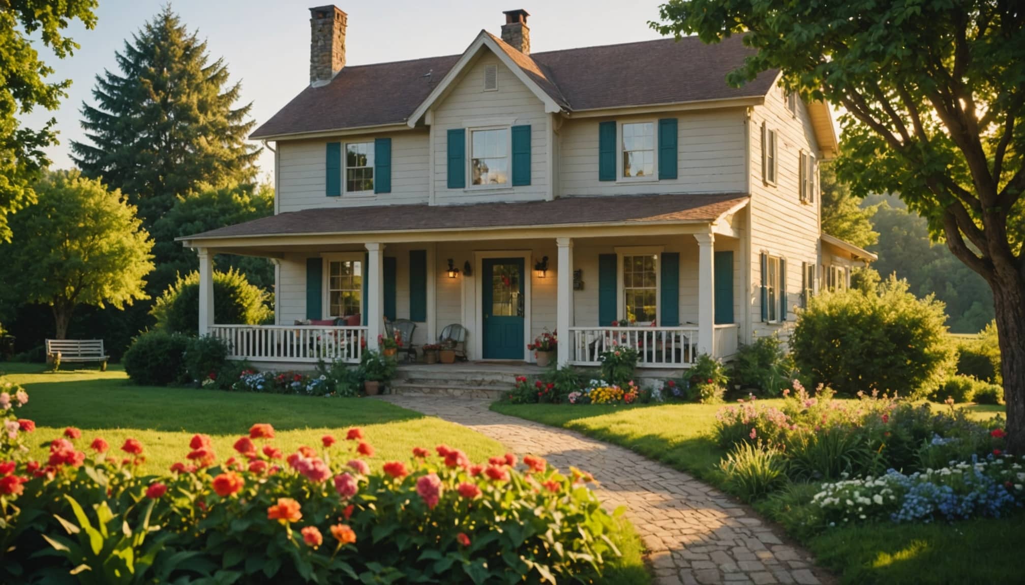 Maison en campagne entourée de verdure luxuriante  
Habitat rural avec champs et collines environnantes